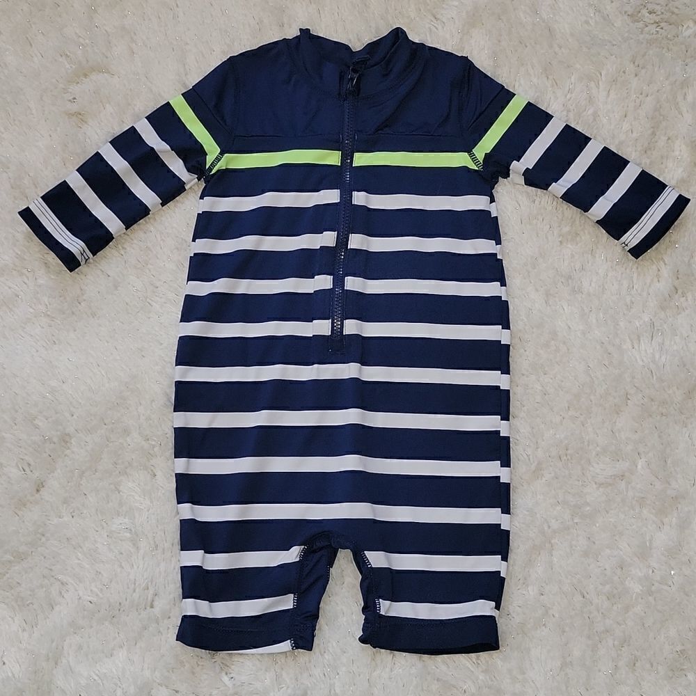 CARTER'S NAVY BLUE AND WHITE STRIPED ONE-PIECE RASHGUARD SWIMSUIT, SIZE 6-9 MOS.